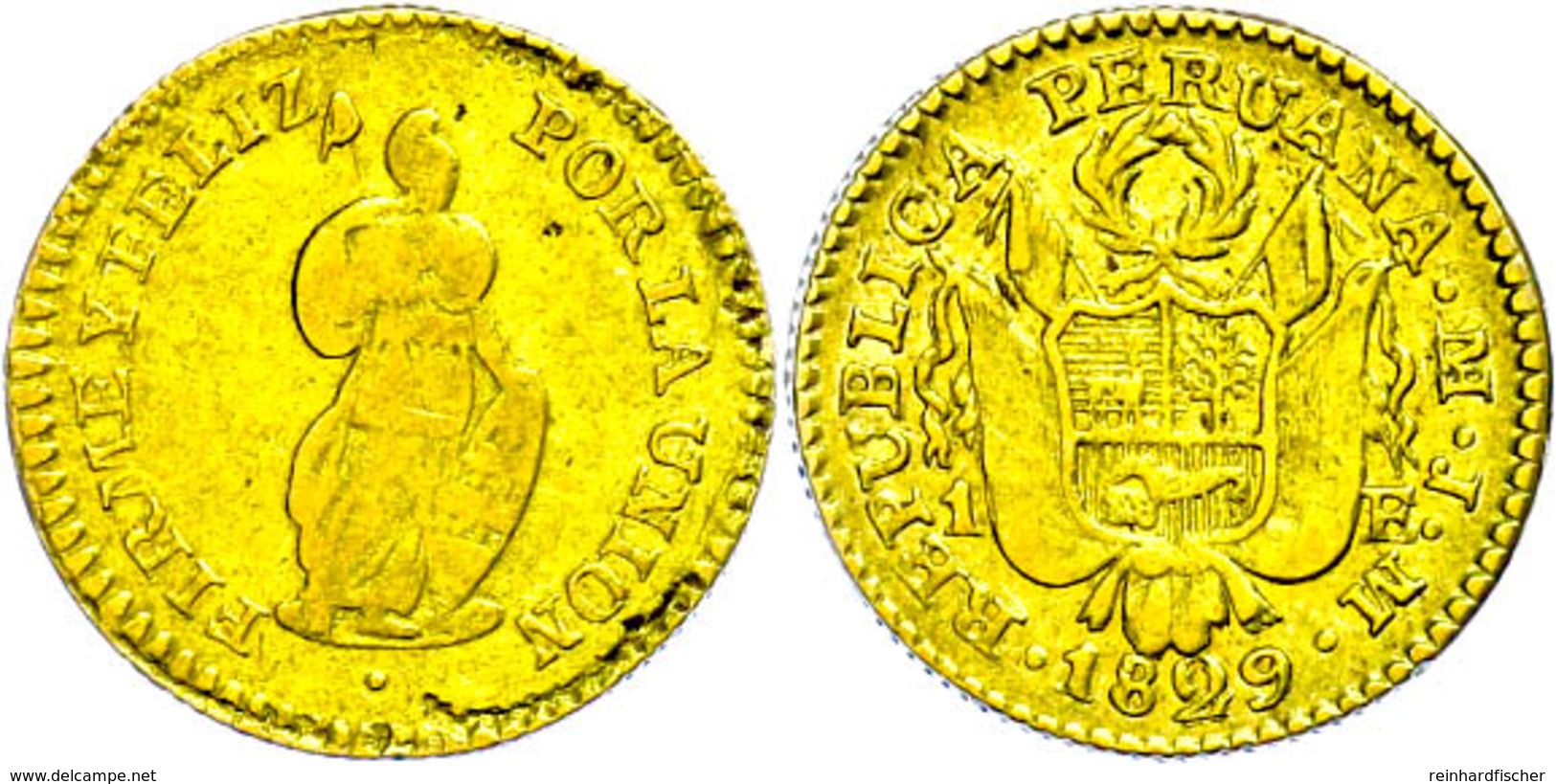 1 Escudo, Gold, 1829, JM, Lima, KM 147.1, Schrötlingsfehler, Ss.  Ss - Peru