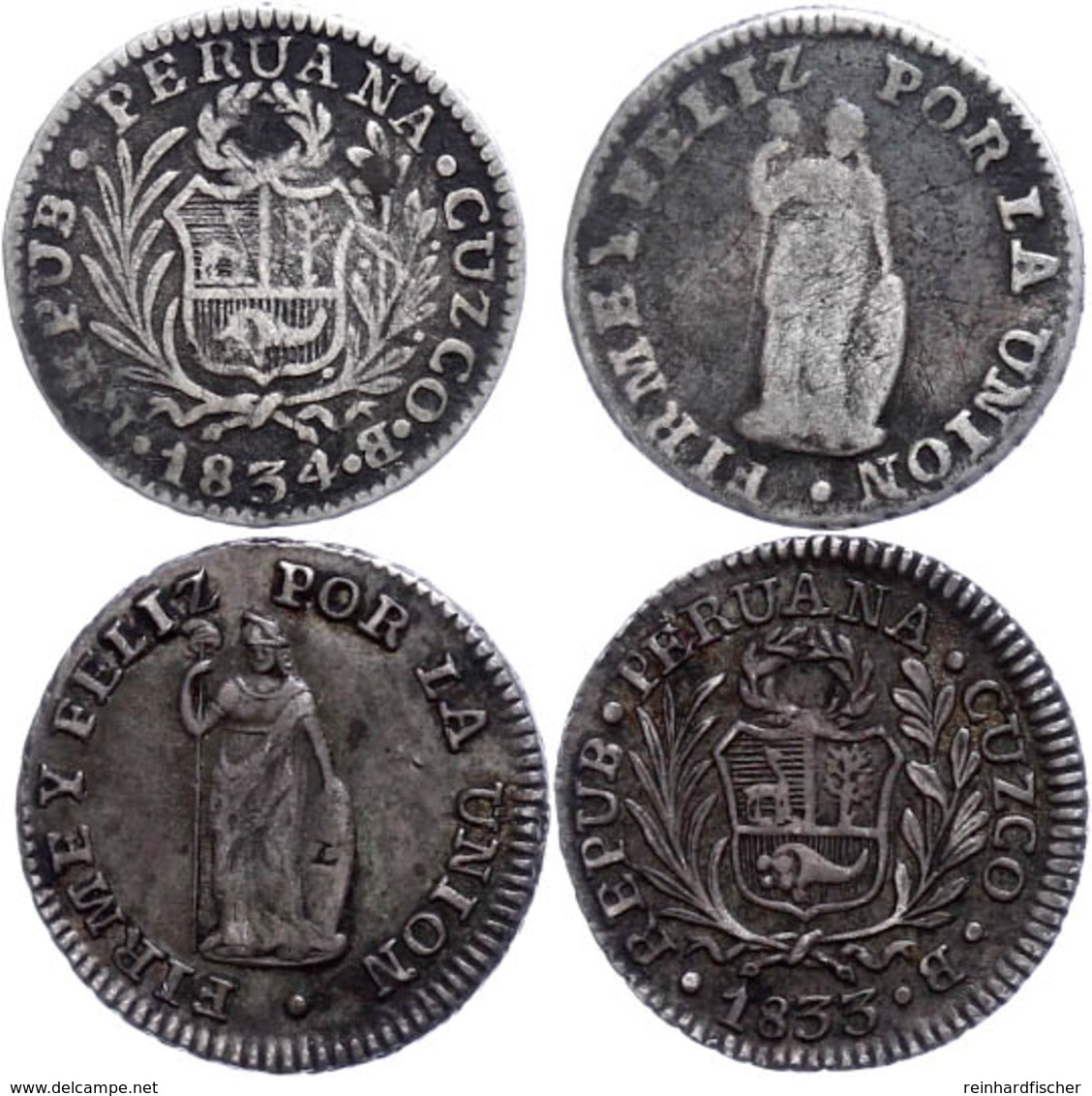 Lot Zu 2 X 1/2 Reales Der Jahre 1833 B Und 1834 B (KM 144.3) Und 2 Reales 1827 JM (KM 141.1). Jeweils Ss. - Peru