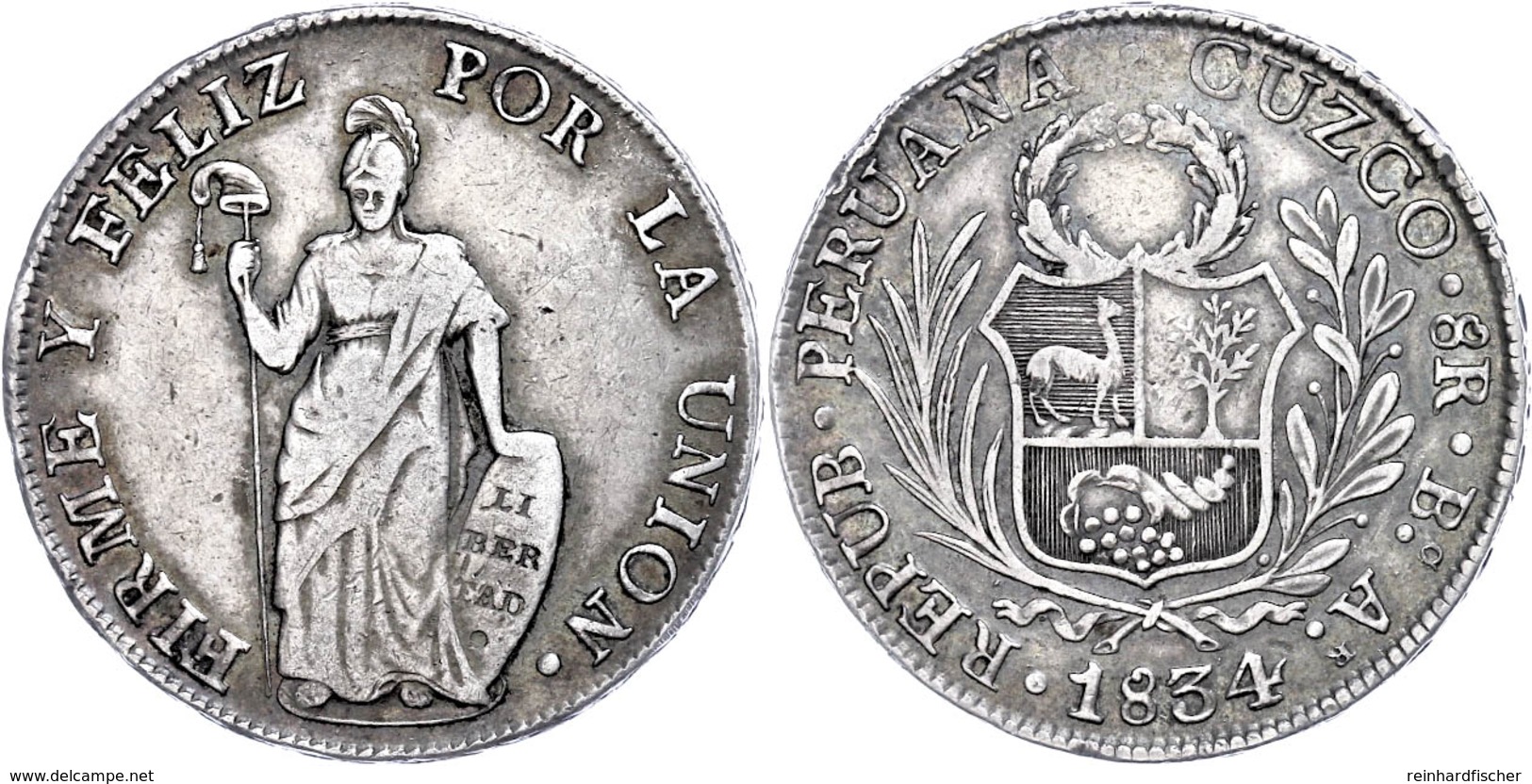 8 Reales, 1834, Cuzco, KM 142.4, Ss.  Ss - Peru