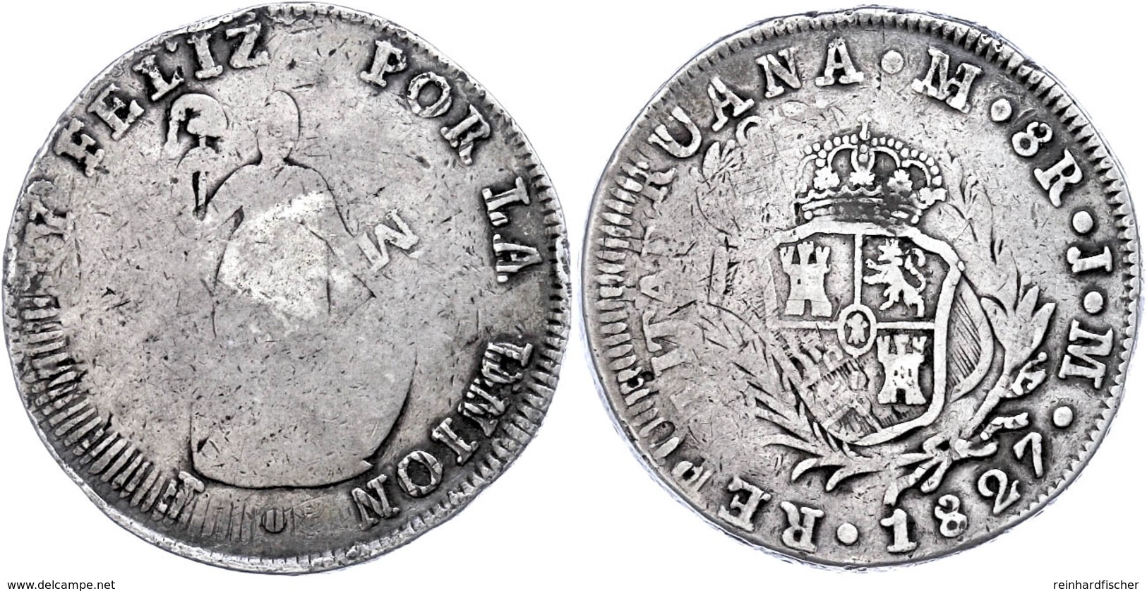 8 Reales, 1828, JM, Lima, Mit Gegenstempel, KM 24, Randfehler, S-ss.  S-ss - Philippinen
