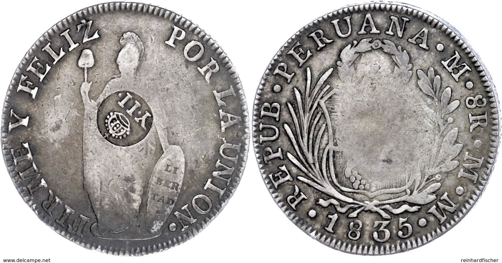 8 Reales, 1835, MM, Lima, Mit Gegenstempel, KM 138.2, Ss.  Ss - Philippinen