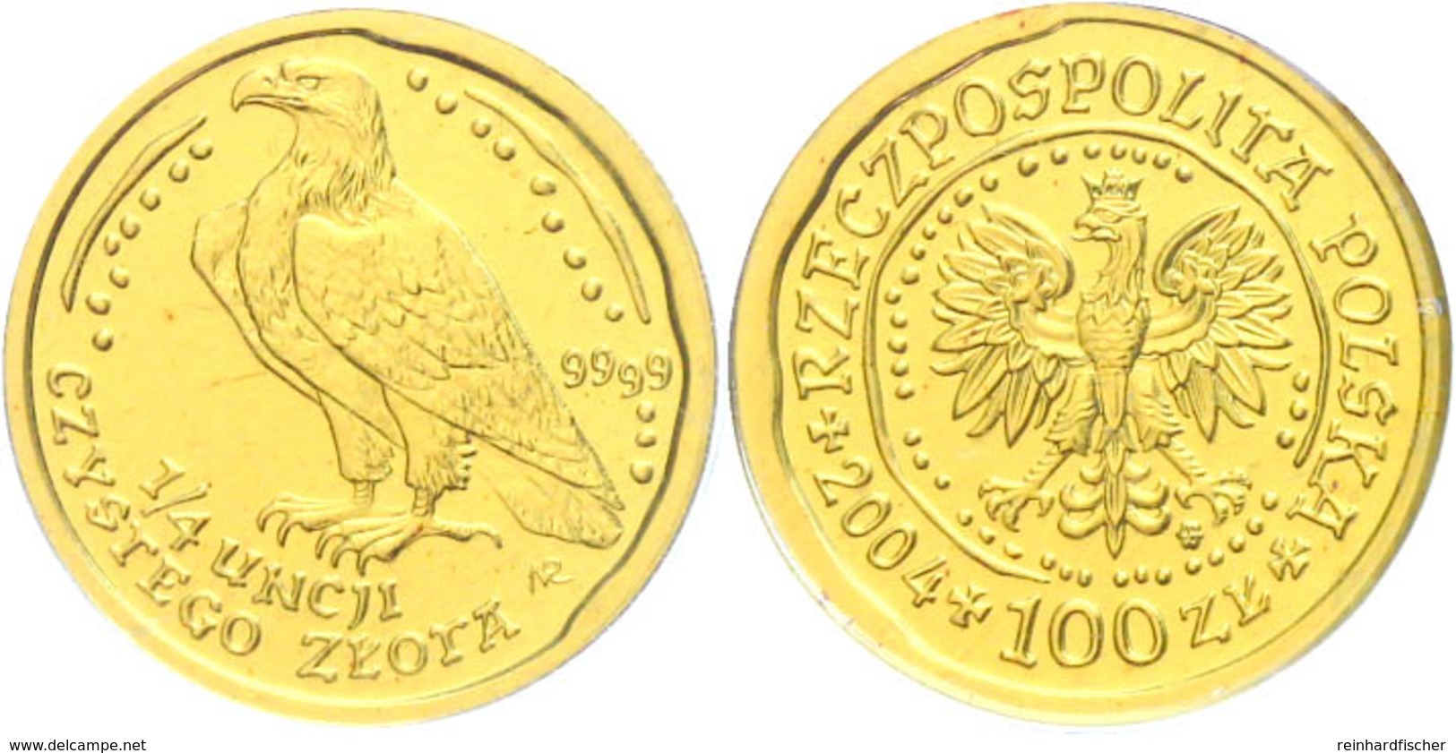 100 Zlotych Gold, 2004, Goldbarrenmünze Adler, 1/4 Oz, KM 293, Auf Coin Card Der National Bank Of Poland, St.  St - Polen