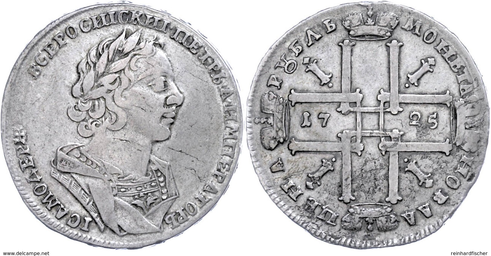Rubel, 1725, Peter I., Moskau, Dav. 1662, Schrötlingsfehler, Ss.  Ss - Rusland
