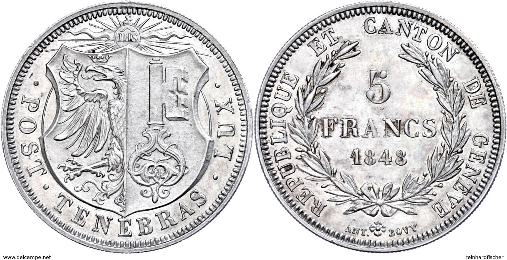 Genf, 5 Francs, 1848, HMZ 2-364a, Vz. Selten! Auflage Nur 1176 Stück.  Vz - Sonstige & Ohne Zuordnung