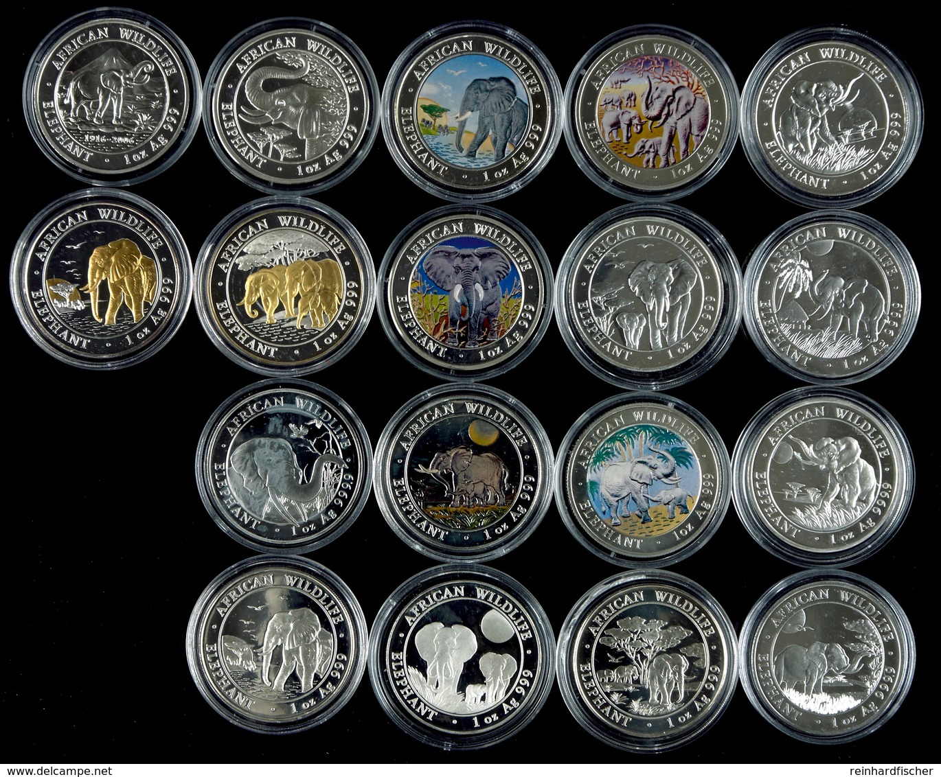 18x 100 Shillings Silber, 2004-2019, African Wildlife Elefant, 1 Oz, Jahrgang 2010 3x Vorhanden Als Farbdruck, Motivteil - Somalia