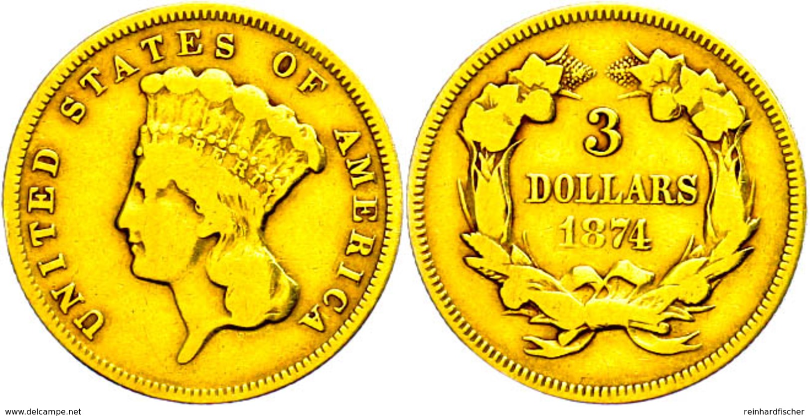 3 Dollars, Gold, 1874, Philadelphia, Fb. 124, Ss.  Ss - Sonstige & Ohne Zuordnung