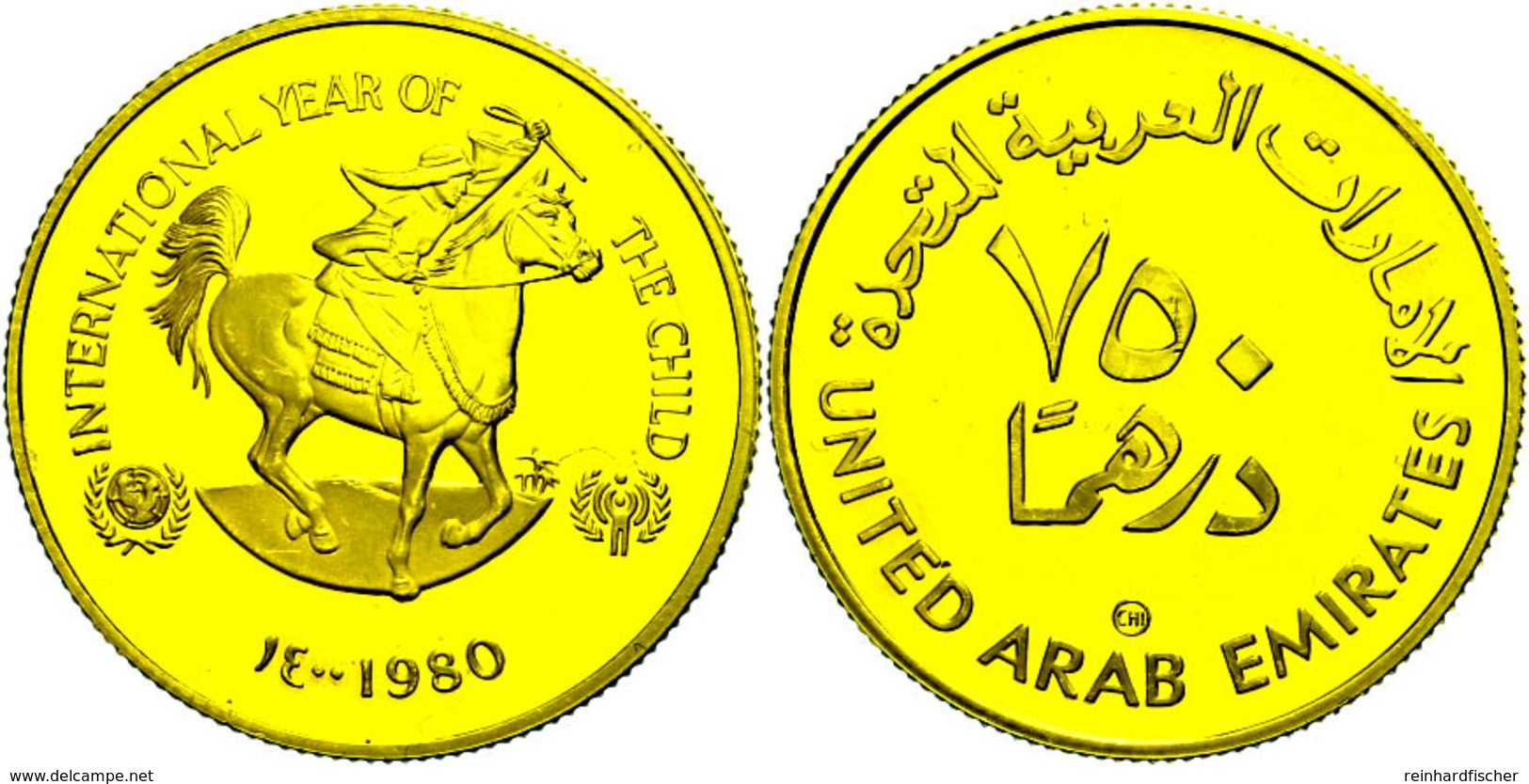 750 Dirhams, Gold, 1980, UN Internationales Jahr Des Kindes 1979-Kind Auf Pferd, Fb. 3, KM 8, 900er Gold, 17,17 G, PP. A - Ver. Arab. Emirate