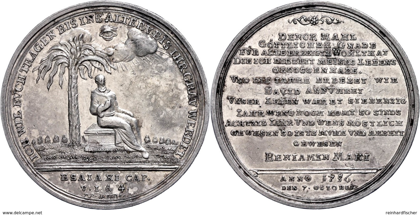 Nürnberg, Silbermedaille (Dm. Ca. 49,10mm, Ca. 32,85g), 1756, Von P.P. Werner, Auf Den 80. Geburtstag Von Benjamin Maki. - Sonstige & Ohne Zuordnung