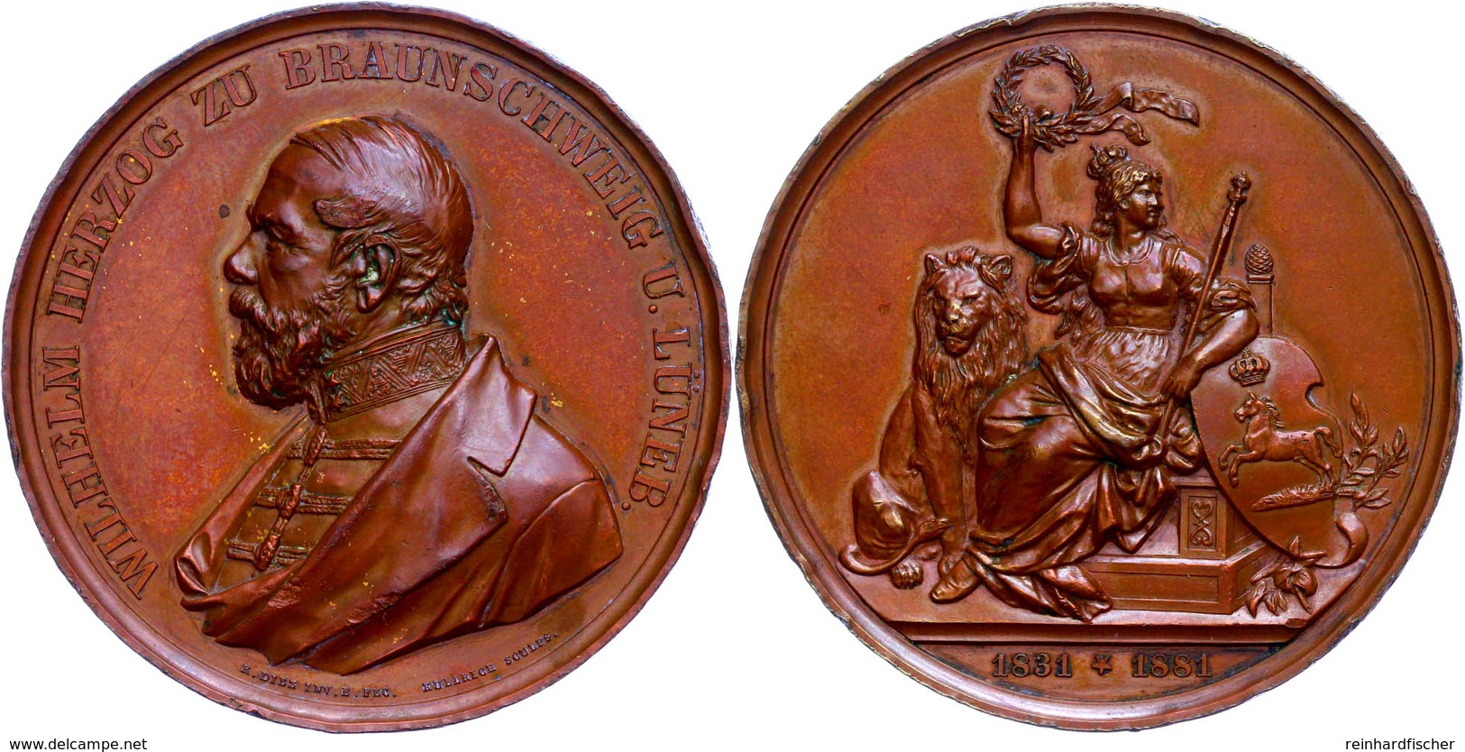 Braunschweig-Wolfenbüttel, Wilhelm, Bronzemedaille (Dm. 60 Mm, 111,2 G), 1881, Von R. Diez Und W. Kullrich, Auf Sein 50j - Sonstige & Ohne Zuordnung