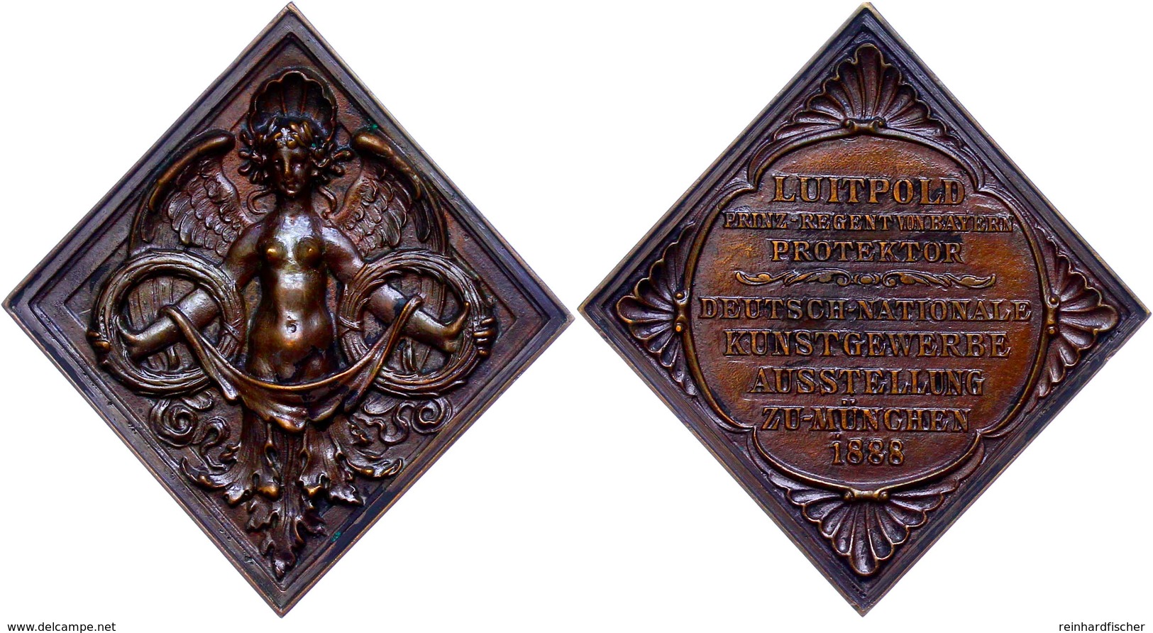 Bayern, Bronzegussplakette (54x54 Mm, 96 G), 1888, Unsigniert, Auf Die Kunstgewerbeausstellung In München, Av: Genius Mi - Sonstige & Ohne Zuordnung