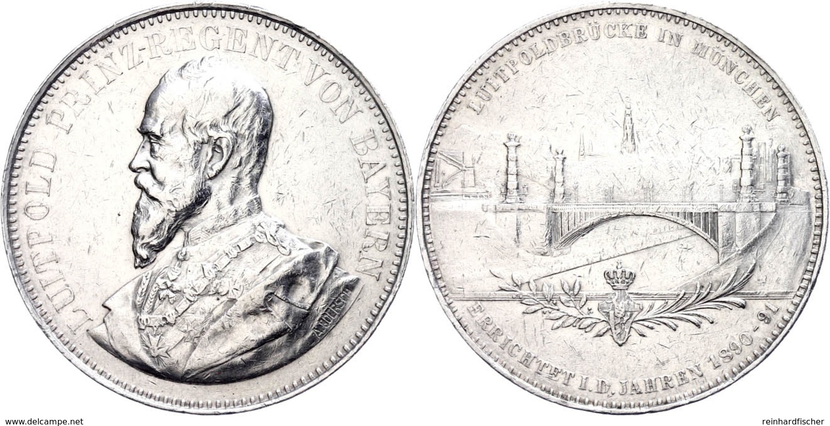 Bayern, Silbermedaille (Dm. 41,05 Mm, 36 G), 1891, Von A. Boersch, Auf Die Errichtung Der Luitpoldbrücke In München, Av: - Sonstige & Ohne Zuordnung