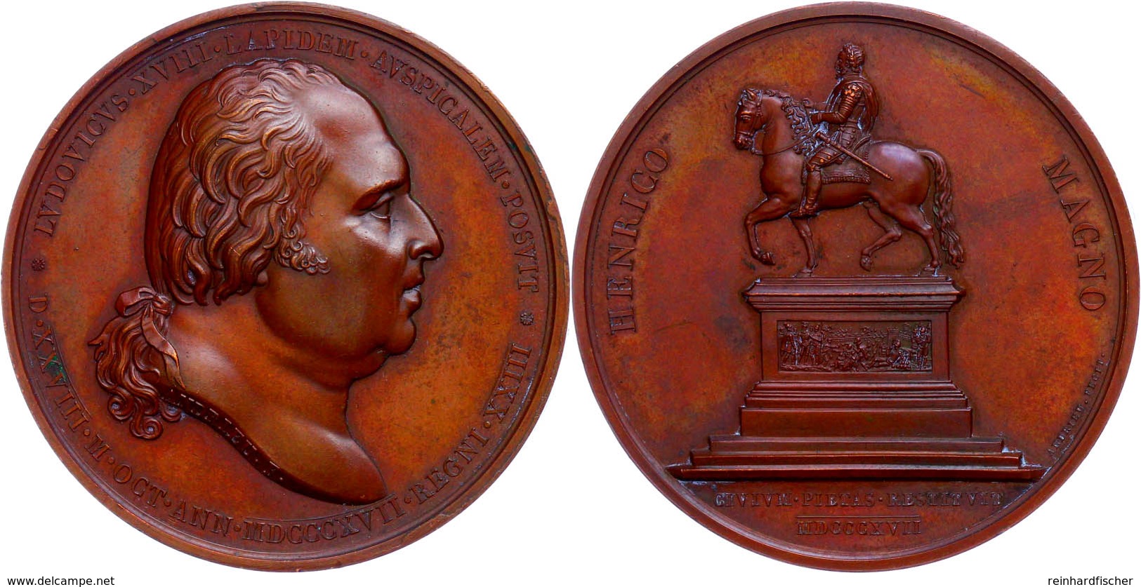 Frankreich, Louis XVIII., Bronzemedaille (Dm. 50,1 Mm, 71 G), 1817, Von Andrieu, Auf Die Reiterstatue Von Henri VI., Av: - Autres & Non Classés