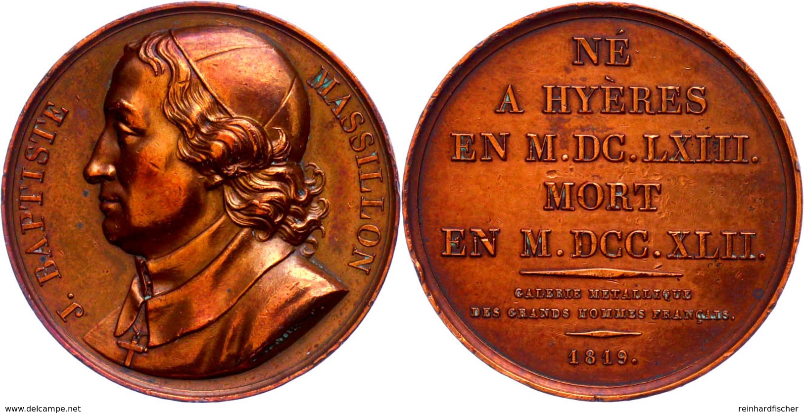 Frankreich, Bronzemedaille Mit Kupferpatina (Dm. 40,9 Mm, 37,8 G), 1819, Von Caunois, Auf Den Französischen Prediger, Th - Sonstige & Ohne Zuordnung