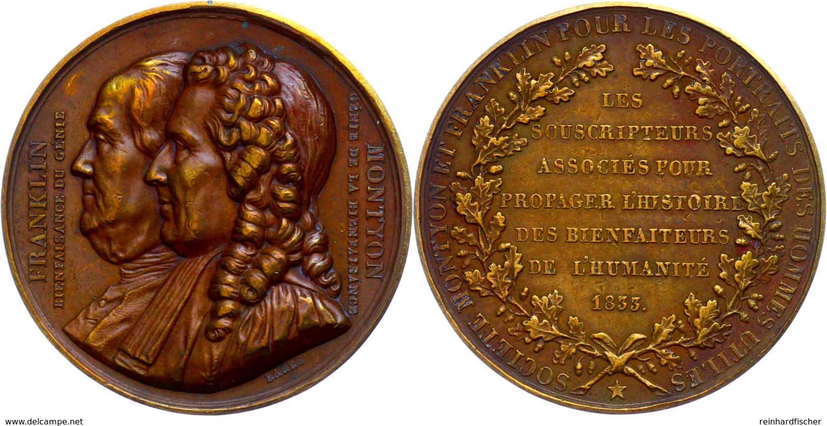 Frankreich, Bronzemedaille (Dm. 41,7 Mm, 34,4 G), 1833, Von Barre, Benjamin Franklin Und Antoine Montyon, Av: Brustbilde - Sonstige & Ohne Zuordnung