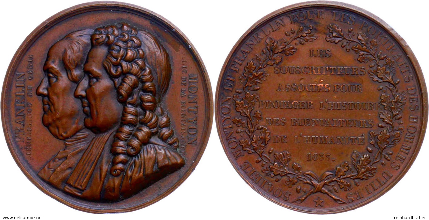 Frankreich, Bronzemedaille (Dm. 42 Mm, 34 G), 1833, Von Barre, Benjamin Franklin Und Antoine Montyon, Av: Brustbilder Na - Sonstige & Ohne Zuordnung