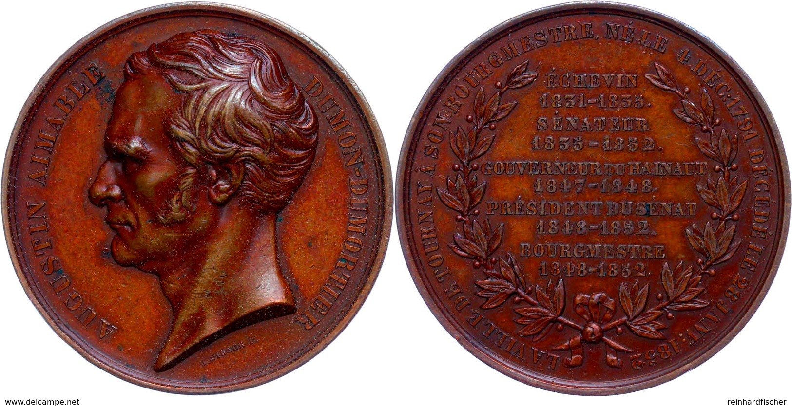 Frankreich, Bronzemedaille (Dm. 50,6 Mm, 56,5 G), 1852, Von Wiener, Auf Augustin Aimable Dumon-Dumortier,  Av: Kopf Nach - Sonstige & Ohne Zuordnung