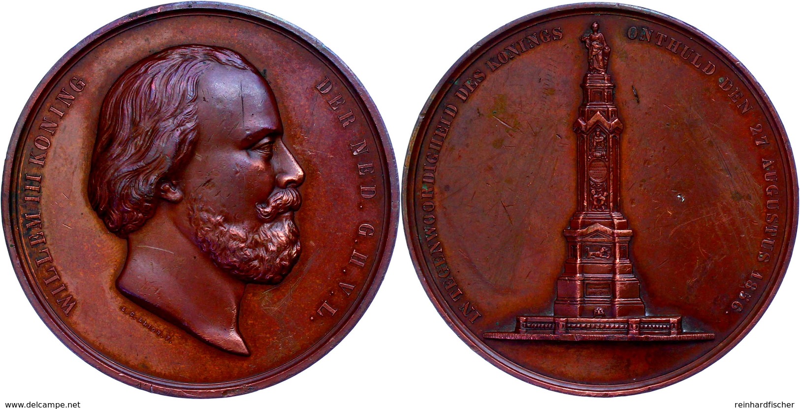 Niederlande, Willem III., Bronzemedaille (Dm. 75 Mm, 200,2 G), 1856, Von J. Elion, Auf Die Enthüllung Des Standbilds In  - Sonstige & Ohne Zuordnung