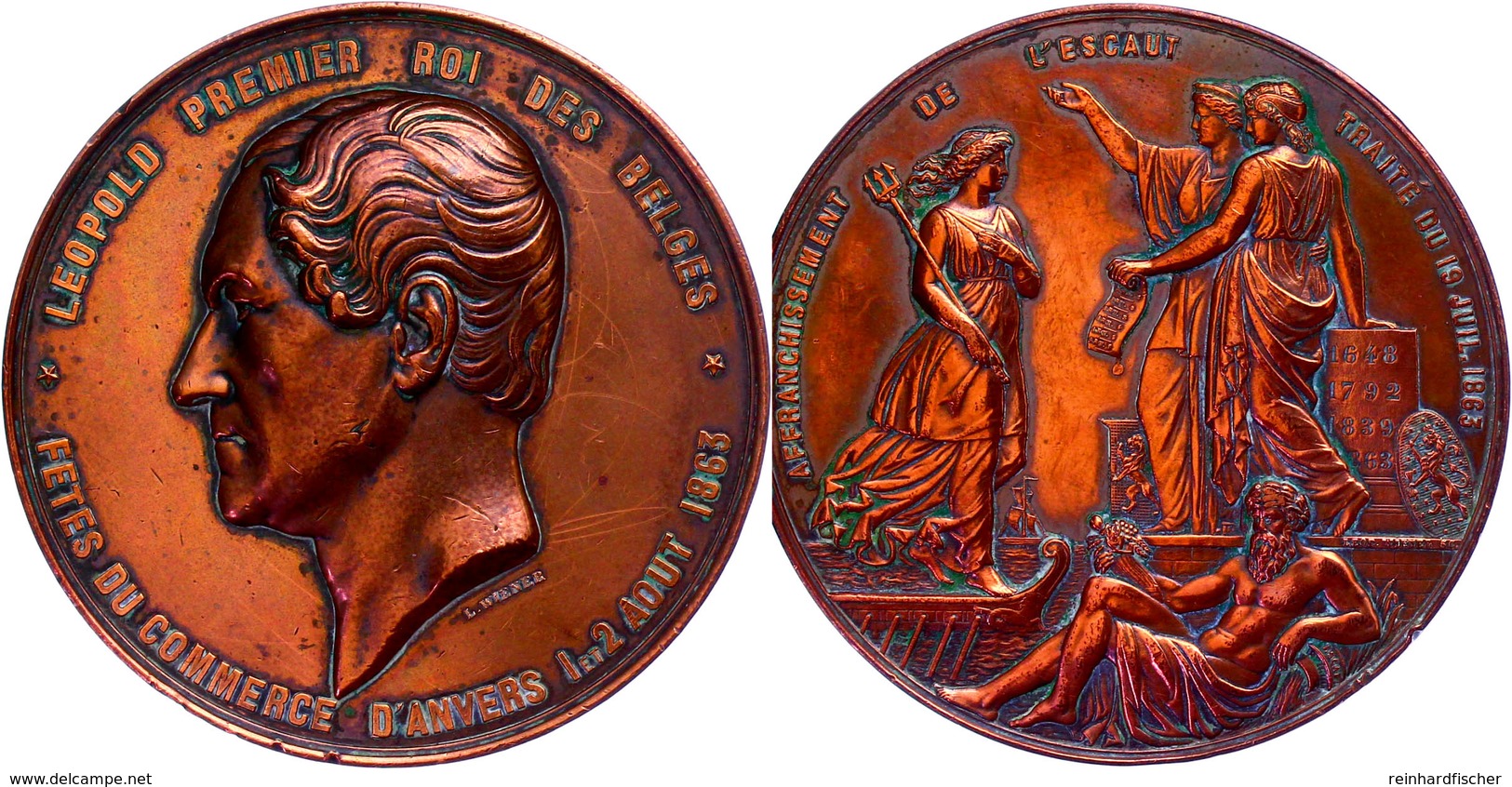 Belgien, Bronzemedaille (Dm. 75 Mm, 184 G), 1863, Von L. Wiener, Leopold I. Auf Die Festlichkeiten In Antwerpen Anlässli - Sonstige & Ohne Zuordnung