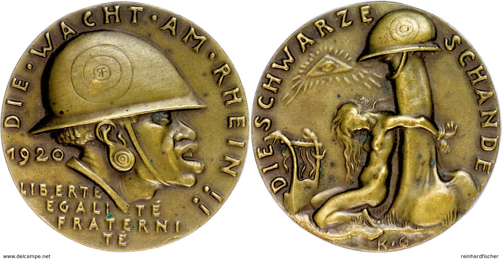 Bronzegussmedaille (Dm. Ca. 56,50mm, Ca. 55,56g), 1920, Von. K. Goetz. Av: Kopf Eines Afrikaners Mit Französischem Helm  - Sonstige & Ohne Zuordnung