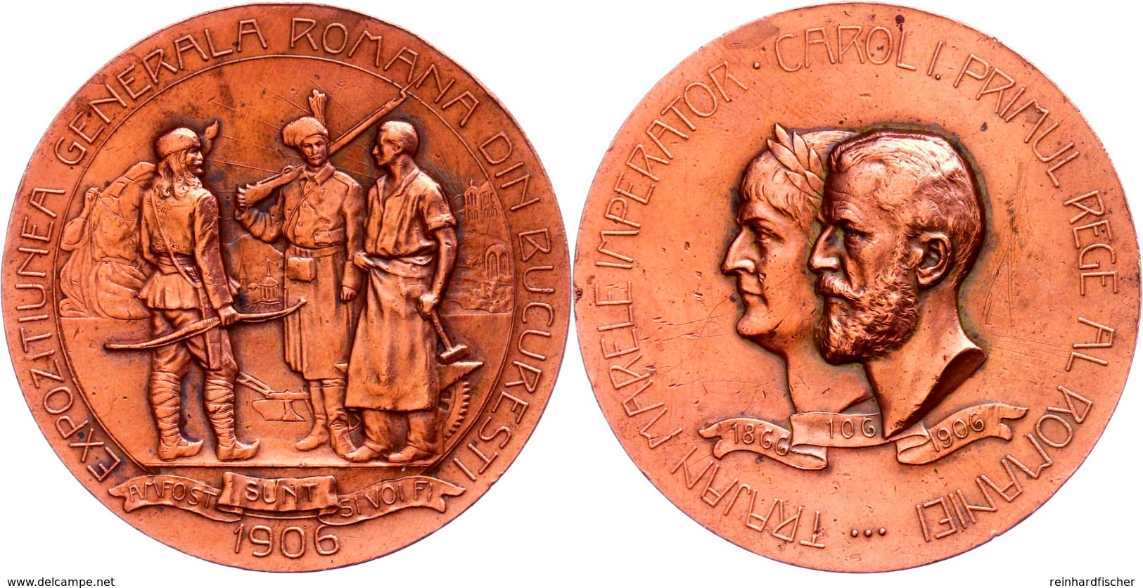 Rumänien, Carol I., Bronzemedaille (Dm. 50 Mm, 49 G), 1906, Unsigniert, Auf Die Allgemeine Ausstellung Bukarest Und Das  - Sonstige & Ohne Zuordnung