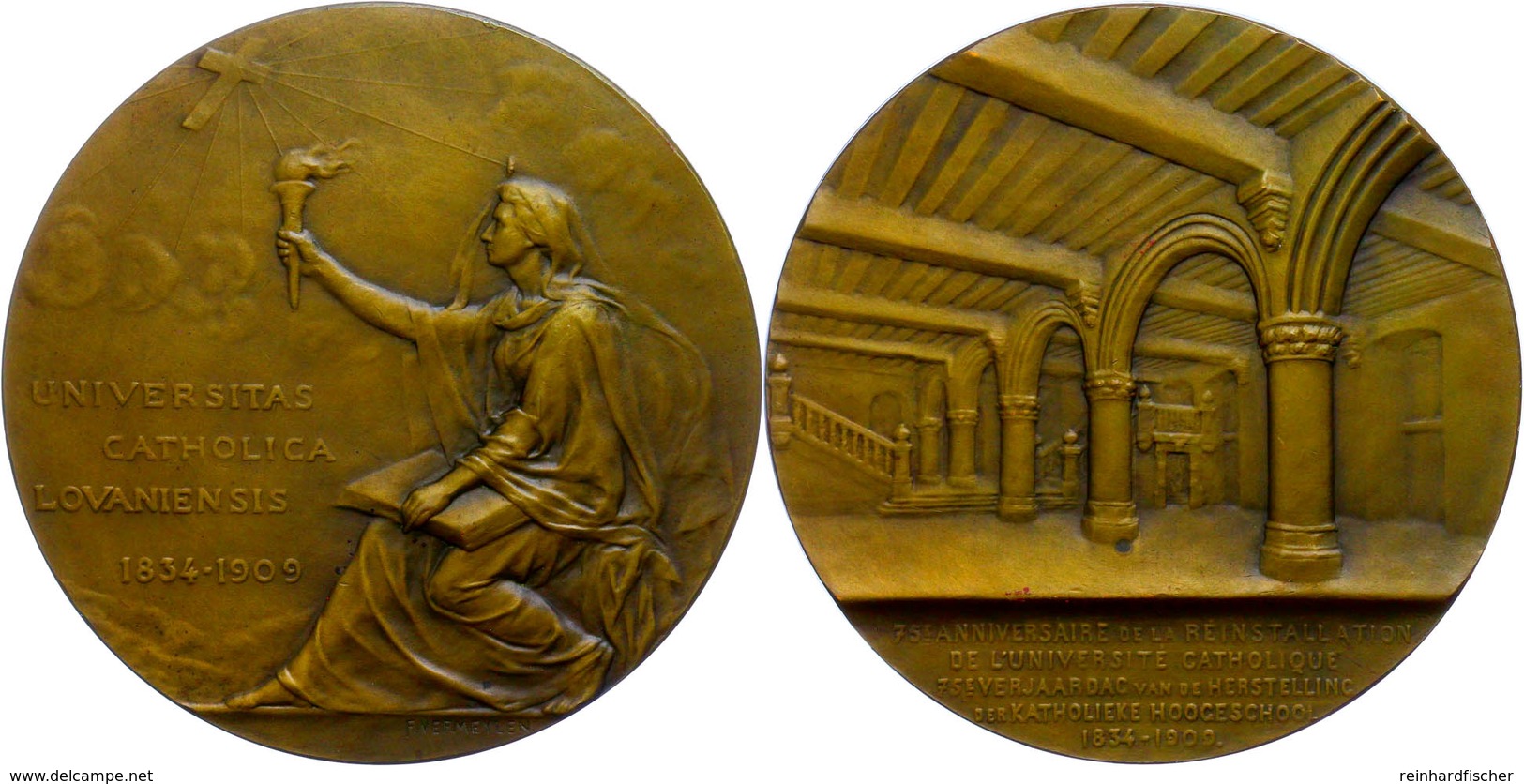 Belgien, Bronzemedaille (Dm. 59,8 Mm, 85 G), 1909, Von F. Vermeylen, 75 Jahre Neugründung Der Katholischen Universität L - Sonstige & Ohne Zuordnung