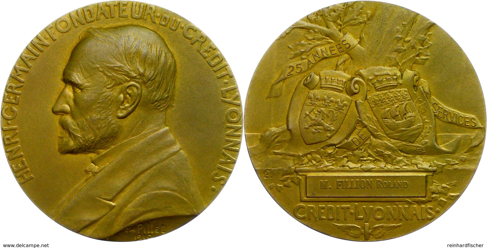 Frankreich, Bronzemedaille (Dm. 80 Mm, 226 G), 1910, Von Pillet, Prämienmedaille Des Credit Lyonnais Für 25jährige Tätig - Sonstige & Ohne Zuordnung