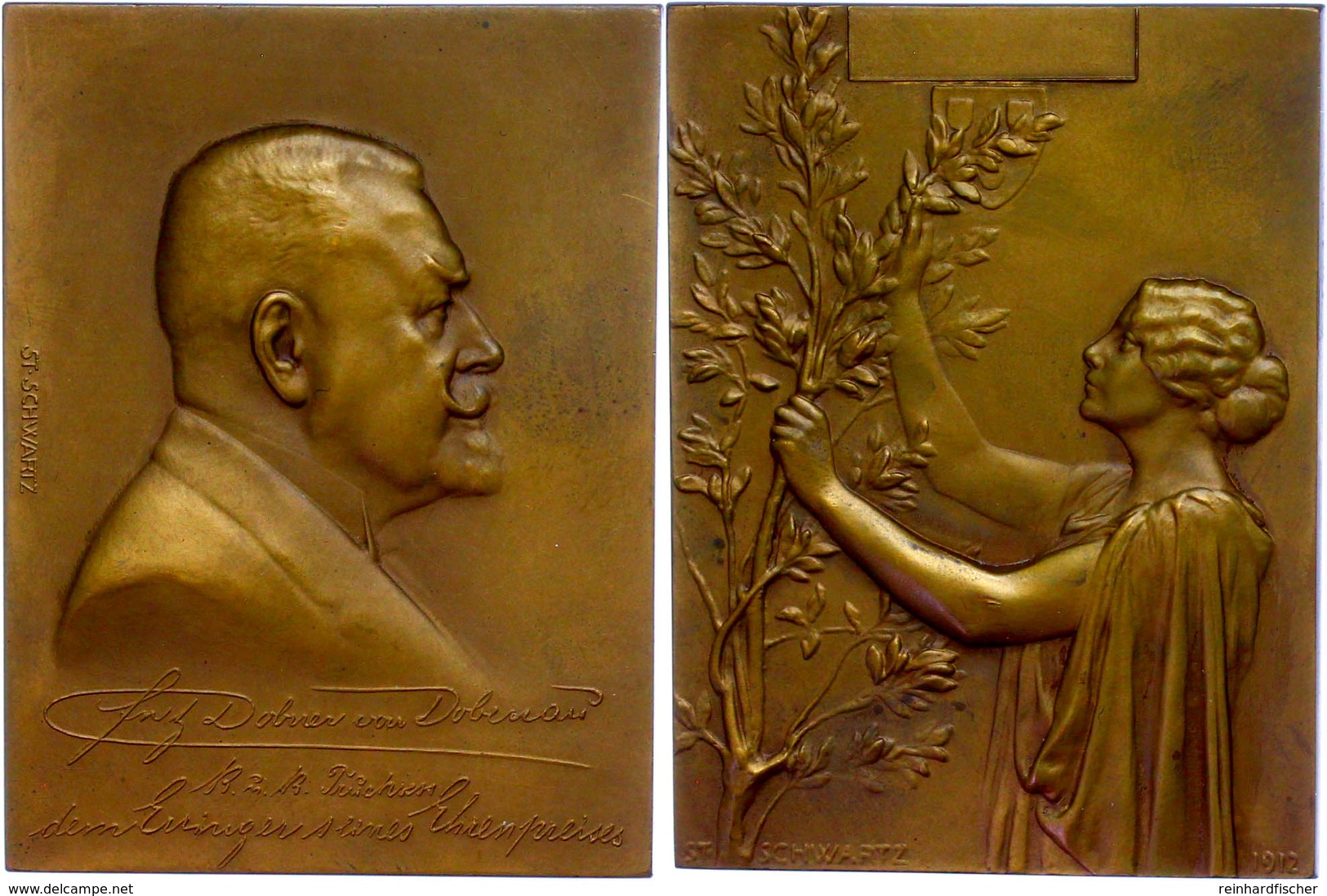 Österreich, Bronzeplakette (80x59 Mm, 160,5 G), 1912, Von Stefan Schwartz, Auf Fritz Dobner Von Dobenau Kunstrat, Hochad - Sonstige & Ohne Zuordnung
