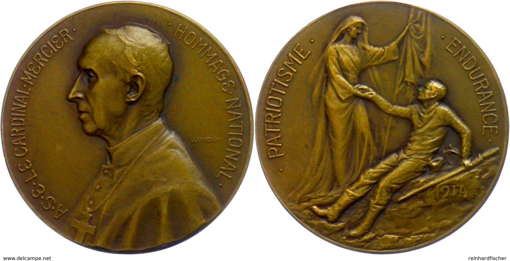 Frankreich, Bronzemedaille (Dm. 37 Mm, 19 G), 1914, Von J. Jourdain, Auf Kardinal Mercier, Av: Brustbild Nach Links, Rev - Sonstige & Ohne Zuordnung