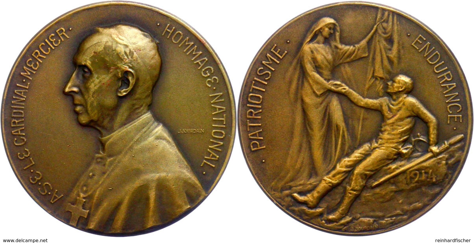 Frankreich, Bronzemedaille (Dm. 37 Mm, 19 G), 1914, Von J. Jourdain, Auf Kardinal Mercier, Av: Brustbild Nach Links, Rev - Autres & Non Classés