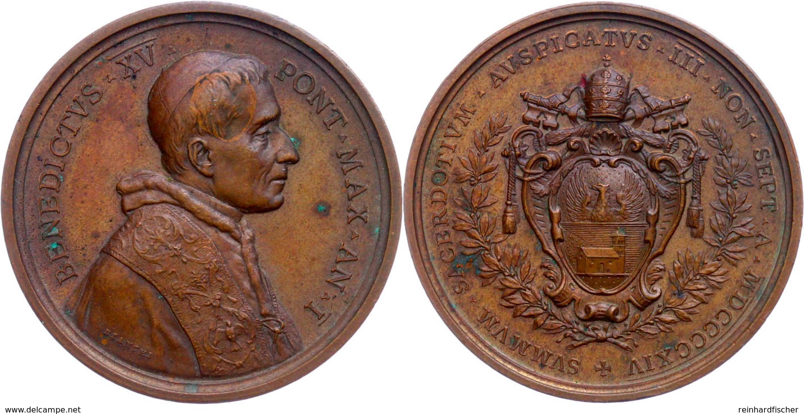 Vatikan, Benedikt XV., Bronzemedaille (Dm. Ca. 33,90mm, Ca. 33,35g), 1914, Von Bianchi, Auf Die Papstwahl. Av: Brustbild - Sonstige & Ohne Zuordnung