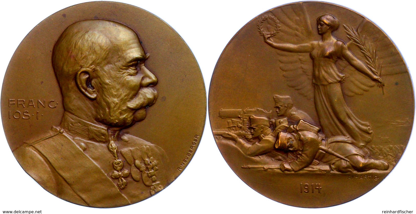 Österreich, Bronzemedaille (Dm. 50,5 Mm, 59 G), 1914, Von R. Neuberger Und A. Hartig, Auf Den Beginn Des I. Weltkriegs,  - Sonstige & Ohne Zuordnung