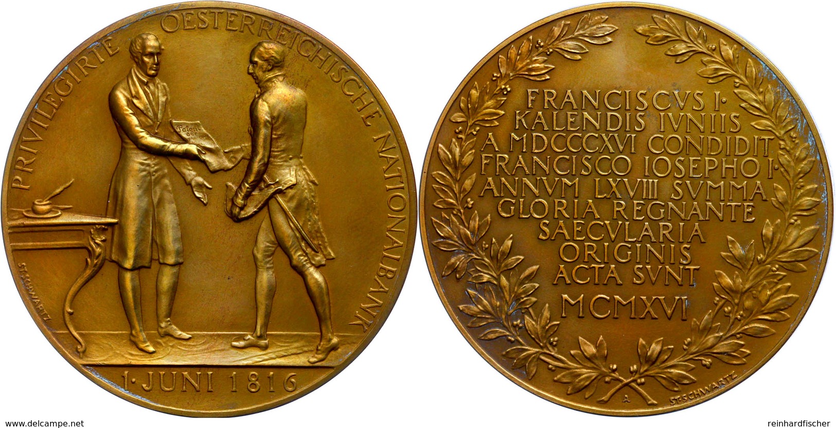 Österreich, Bronzemedaille (Dm.65 Mm, 110,6 G), 1916, Von Stefan Schwartz, 100 Jahre Österreichische Nationalbank, Av: K - Sonstige & Ohne Zuordnung