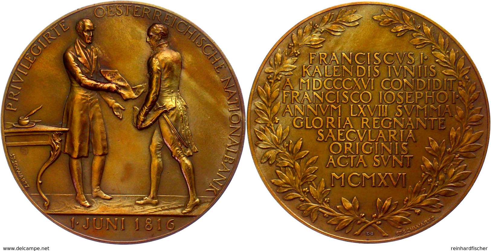 Österreich, Bronzemedaille (Dm.65 Mm, 110,6 G), 1916, Von Stefan Schwartz, 100 Jahre Österreichische Nationalbank, Av: K - Sonstige & Ohne Zuordnung