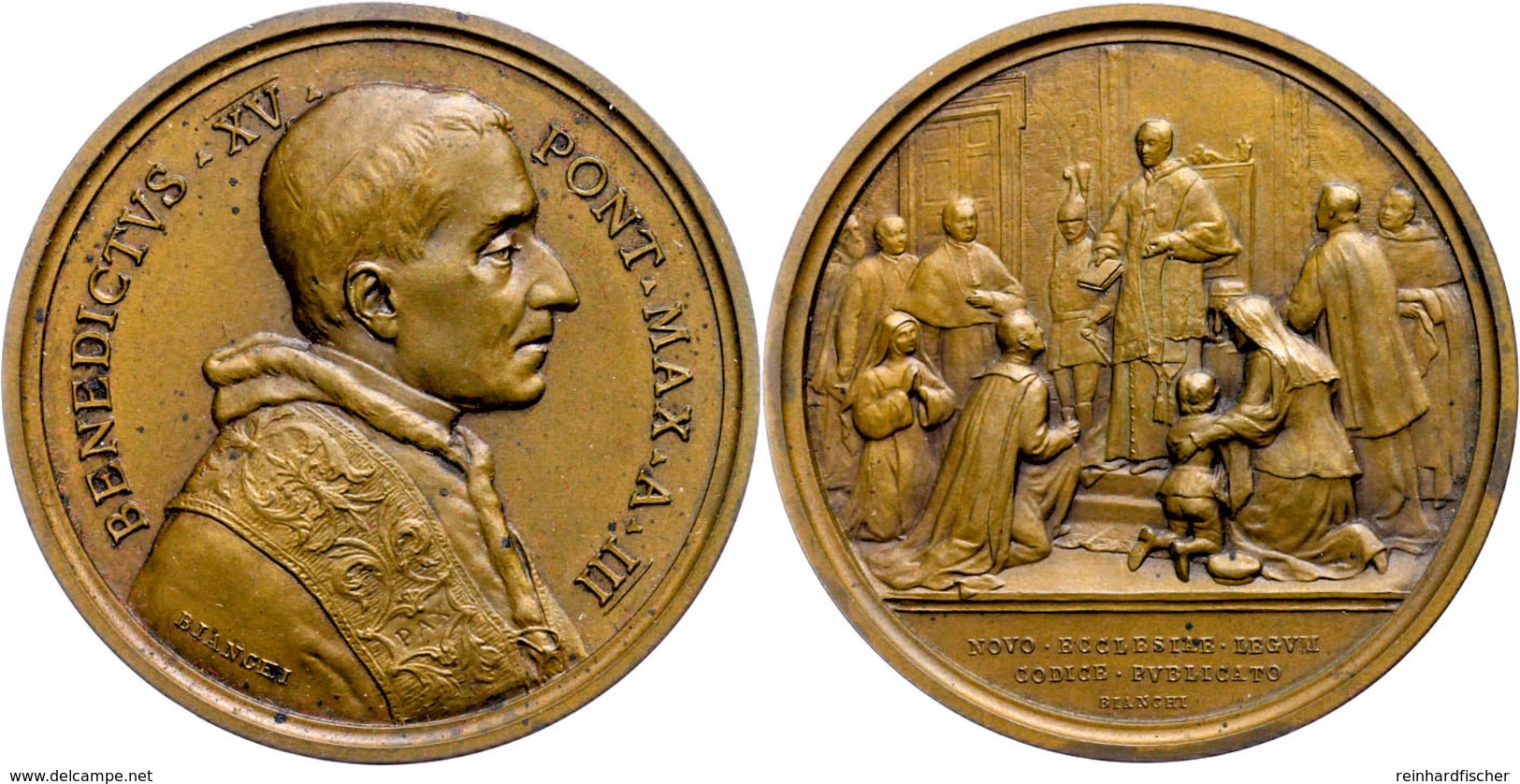 Vatikan, Benedikt XV., Bronzemedaille (Dm. Ca. 33,90mm, Ca. 33,35g), 1917, Von Bianchi, Auf Die Veröffentlichung Des Kir - Other & Unclassified