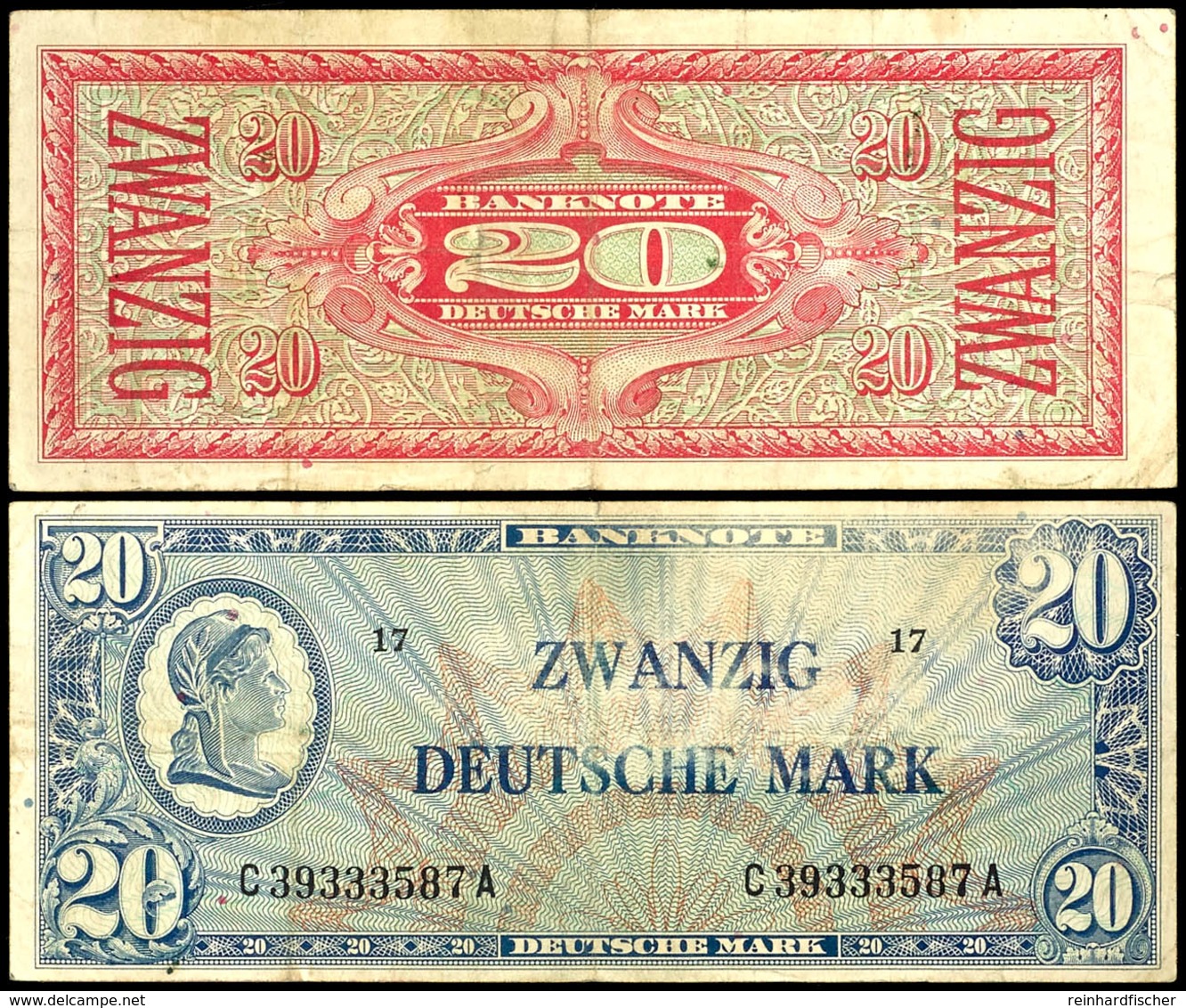 20 Deutsche Mark, Banknote, Ohne Datum, Liberty, C 39333587 A, Ro. 246 A, Erhaltung III., Katalog: Ro.246a III - Sonstige & Ohne Zuordnung