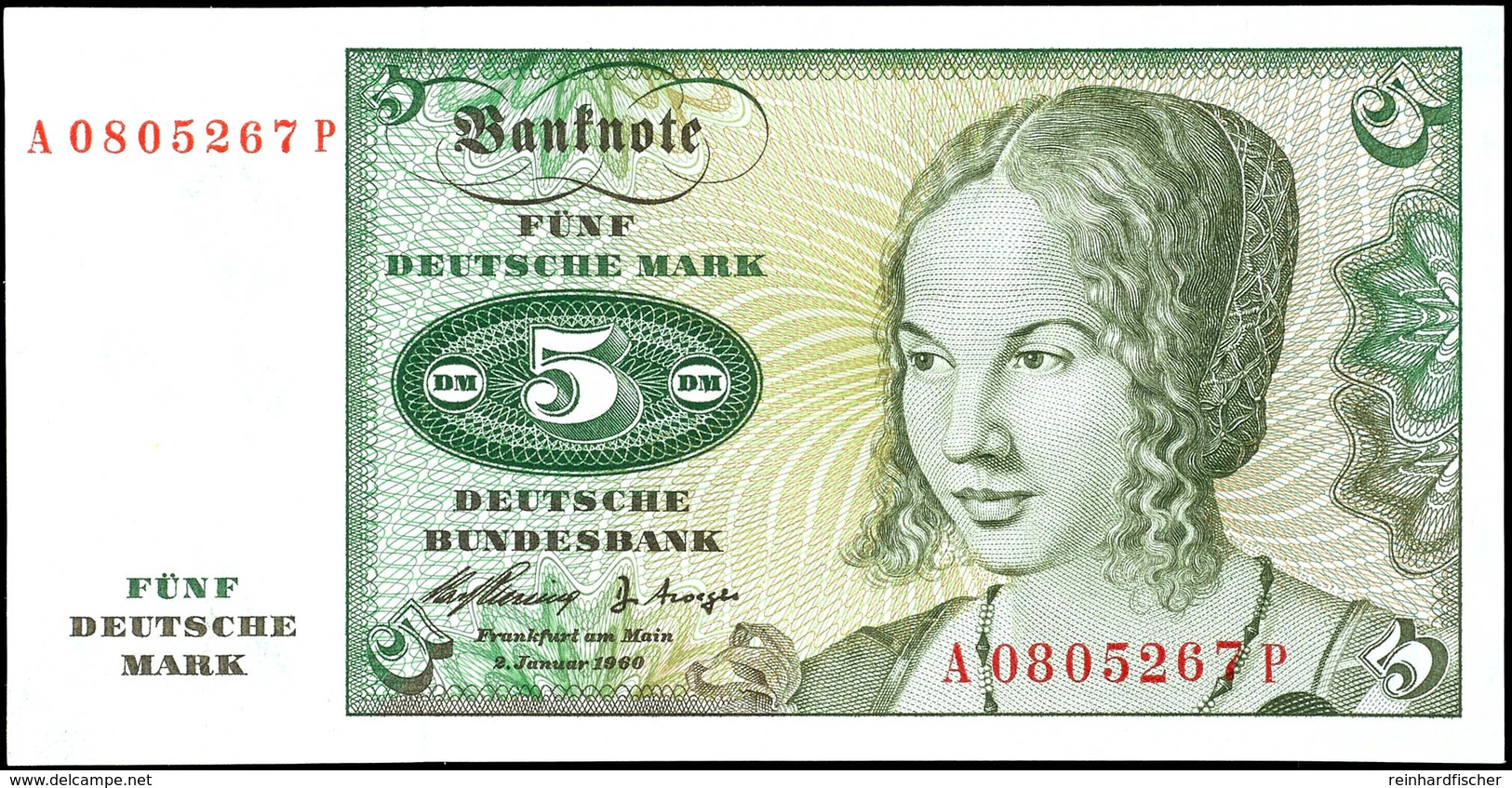 5 Deutsche Mark, Bundesbanknote, 2.1.1960, Serie A0805267 P, Ro. 262, Erhaltung I., Katalog: Ro. 262 I - Sonstige & Ohne Zuordnung