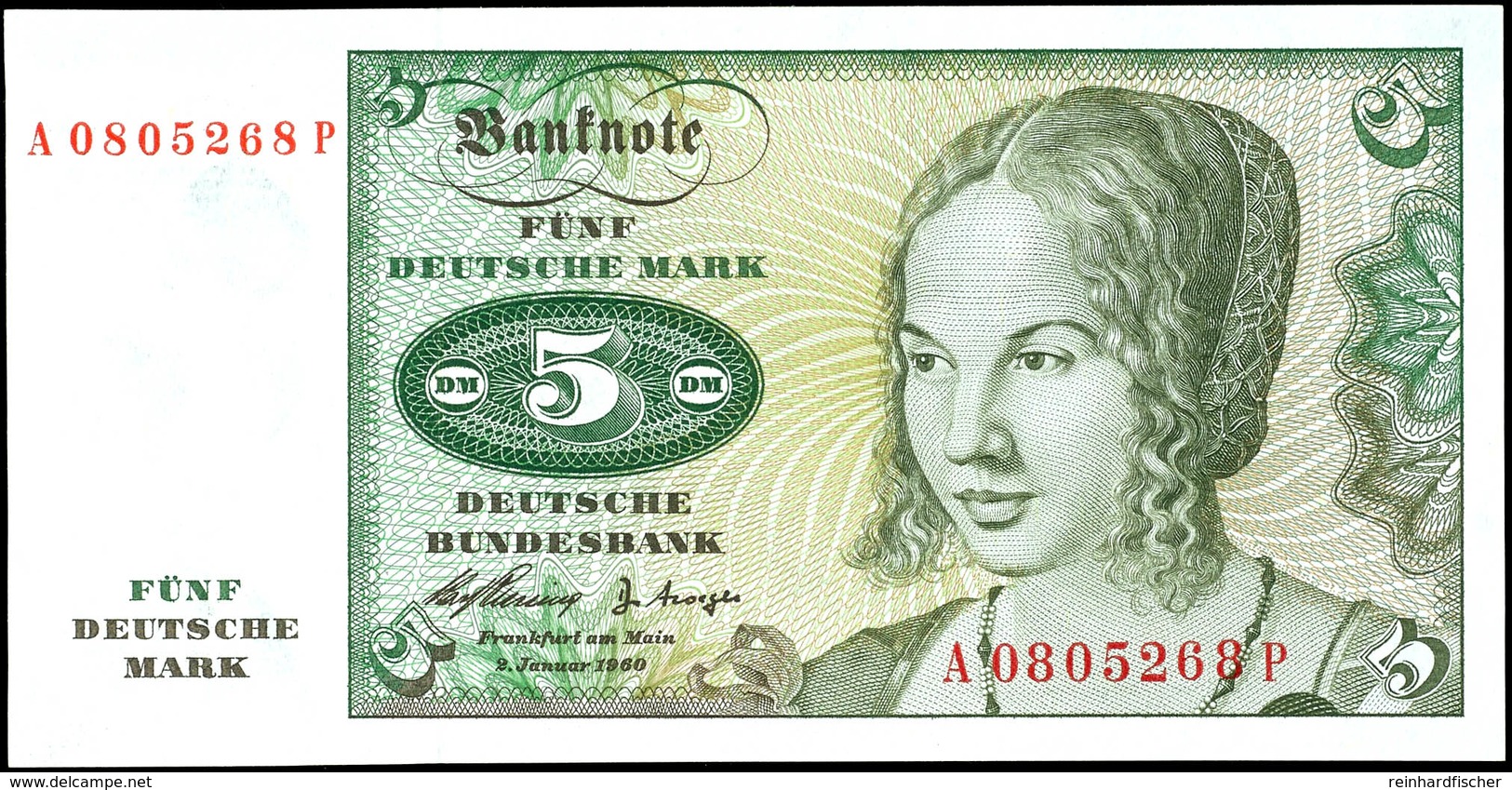 5 Deutsche Mark, Bundesbanknote, 2.1.1960, Serie A0805268 P, Ro. 262, Erhaltung I., Katalog: Ro. 262 I - Sonstige & Ohne Zuordnung