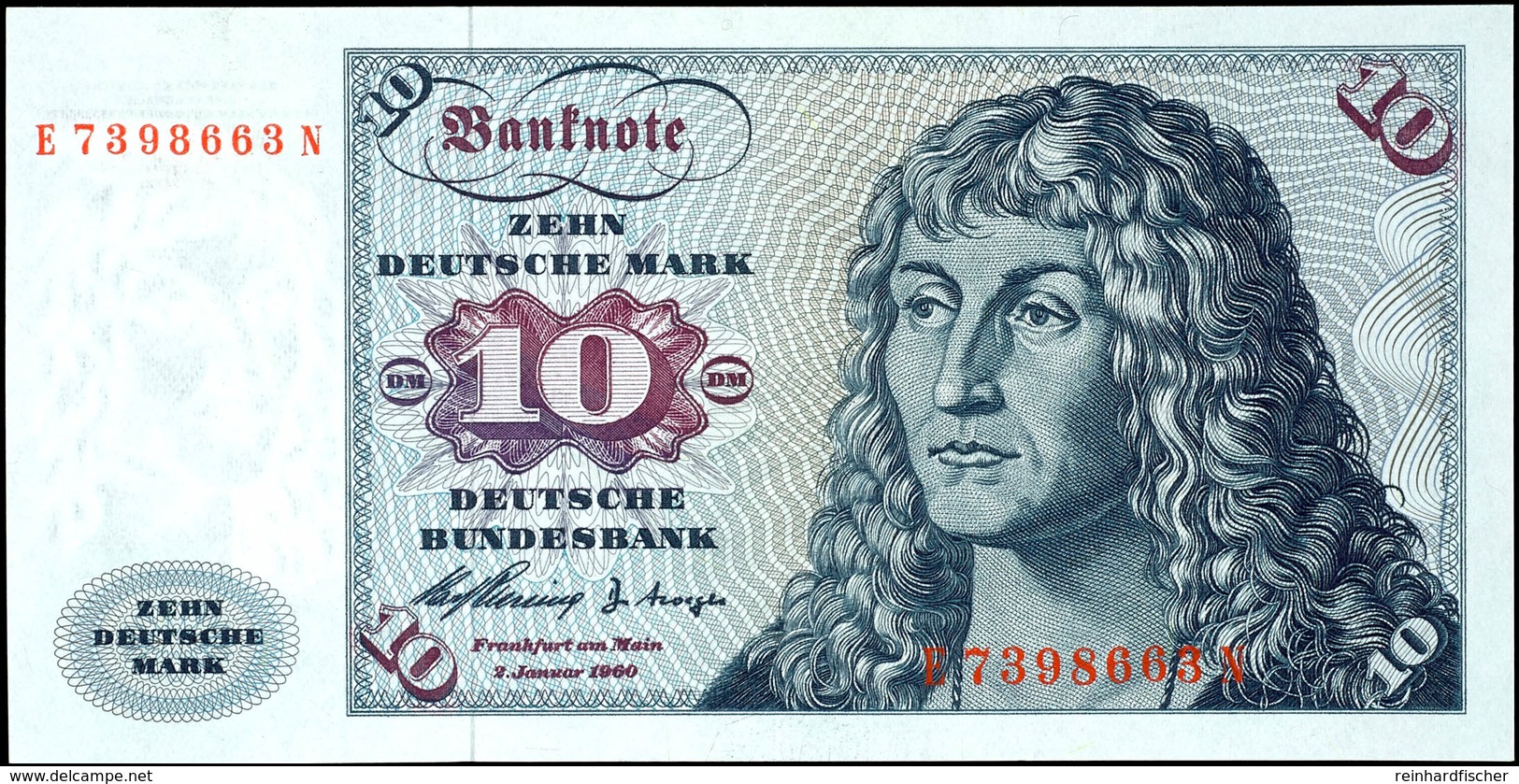 10 Deutsche Mark, Bundesbanknote, 2.1.1960, Serie E 7398663 N, Ro. 263, Erhaltung I., Katalog: Ro. 263 I - Sonstige & Ohne Zuordnung