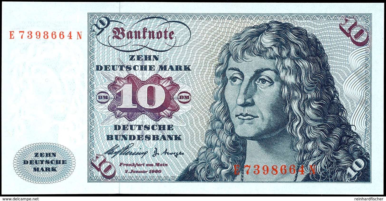 10 Deutsche Mark, Bundesbanknote, 2.1.1960, Serie E 7398664 N, Ro. 263, Erhaltung I., Katalog: Ro. 263 I - Sonstige & Ohne Zuordnung