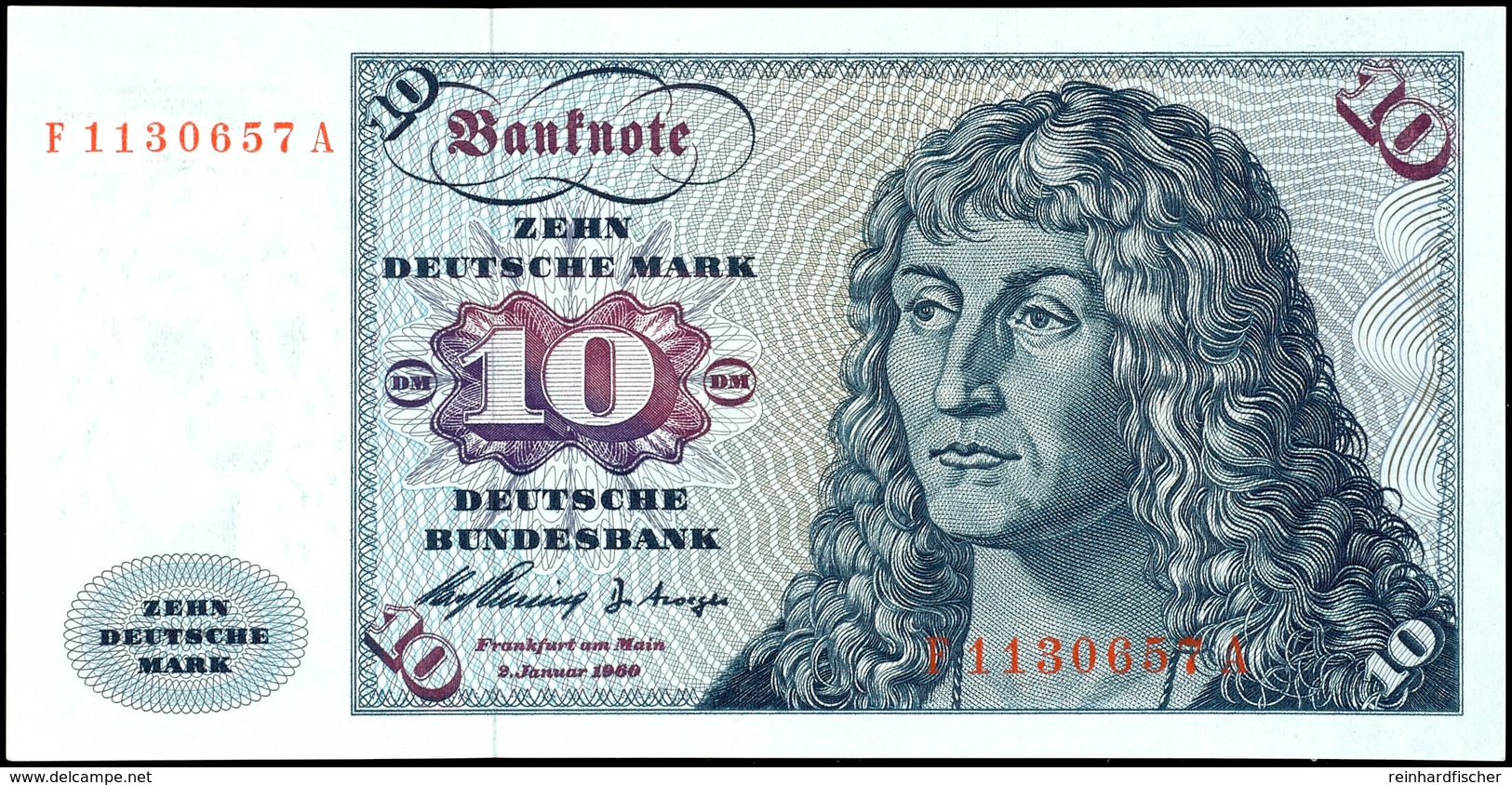 10 Deutsche Mark, Bundesbanknote, 2.1.1960, Serie F 1130657 A, Ro. 263, Erhaltung I., Katalog: Ro. 263 I - Sonstige & Ohne Zuordnung