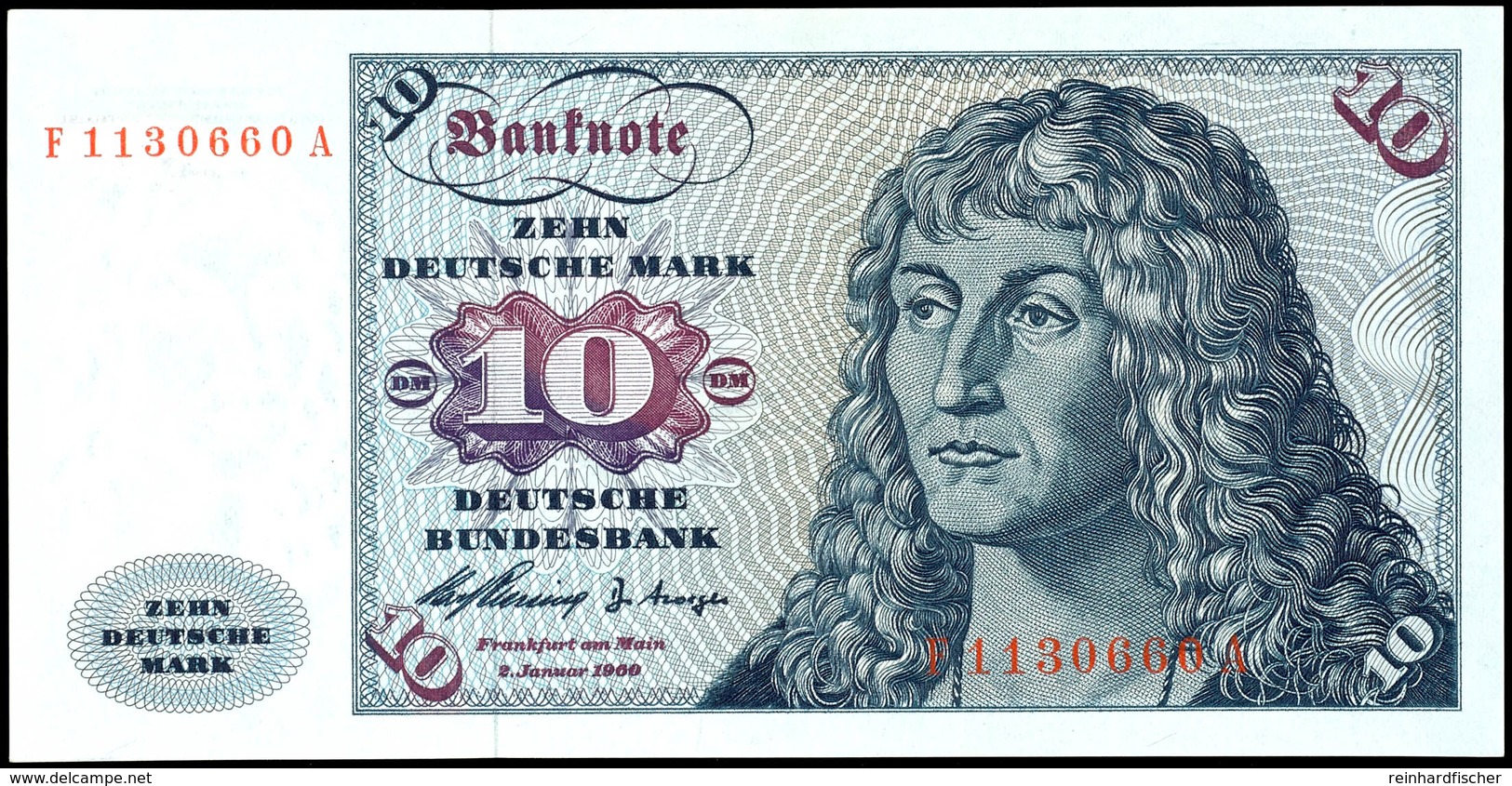 10 Deutsche Mark, Bundesbanknote, 2.1.1960, Serie F 1130660 A, Ro. 263, Minimaler Bug Links Oben, Sonst Erhaltung I., Ka - Sonstige & Ohne Zuordnung