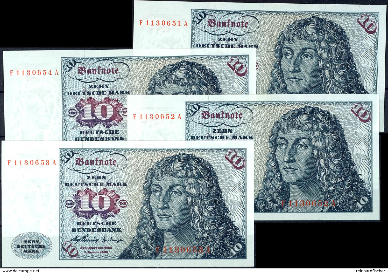 4x 10 Deutsche Mark, Bundesbanknote, 2.1.1960, Serie F 1130651 A Fortlaufend (52, 53 Und 54), Ro. 263, Erhaltung I., Kat - Sonstige & Ohne Zuordnung