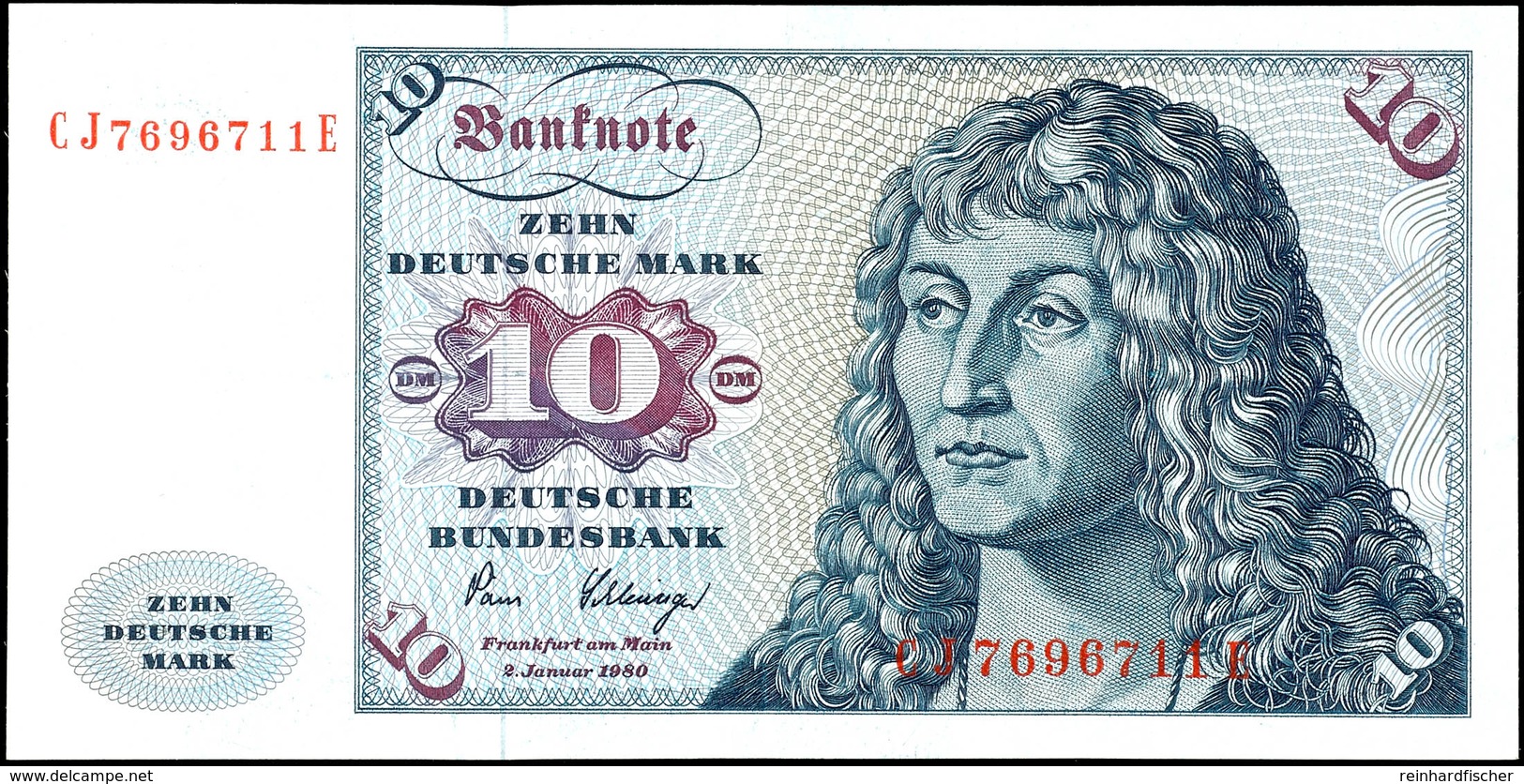 10 Deutsche Mark, Bundesbanknote, 2.1.1980, Serie CJ 7696711 E, Ro. 281, Erhaltung II., Katalog: Ro. 281 II - Sonstige & Ohne Zuordnung