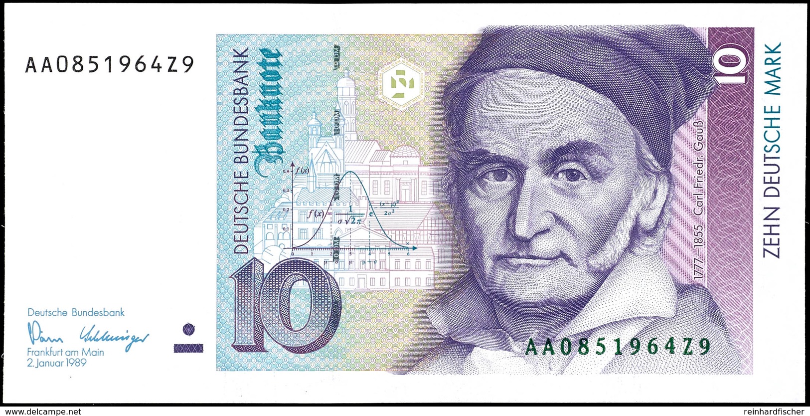 10 Deutsche Mark, Bundesbanknote, 2.1.1989, Serie AA 0851964Z9, Ro. 292, Minimaler Bug Mitte Unten, Sonst Erhaltung I.,  - Sonstige & Ohne Zuordnung