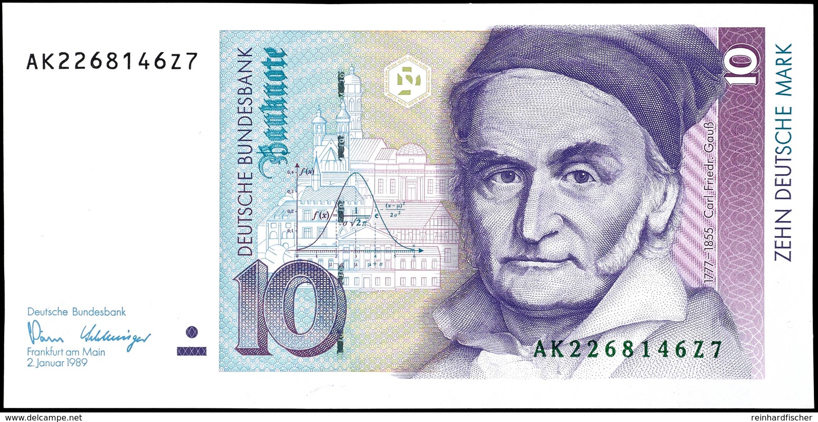 10 Deutsche Mark, Bundesbanknote, 2.1.1989, Serie AK 2268146Z7, Ro. 292, Kleiner Bug Mitte Unten, Sonst Erhaltung I., Ka - Sonstige & Ohne Zuordnung