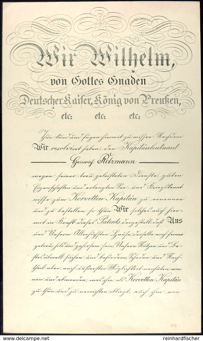 Patenturkunde Zum Korvetten-Kapitän, Datiert Berlin Schloss Den 27. Januar 1908, Mit Kalligraphierter Kopfzeile Und Groß - Dokumente