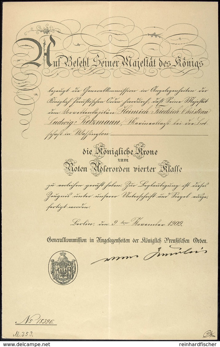 Verleihungsurkunde Königliche Krone Zum Roten Adlerorden 4. Klasse, Dem Korvettenkapitän Heinrich Friedrich Christian Lu - Dokumente