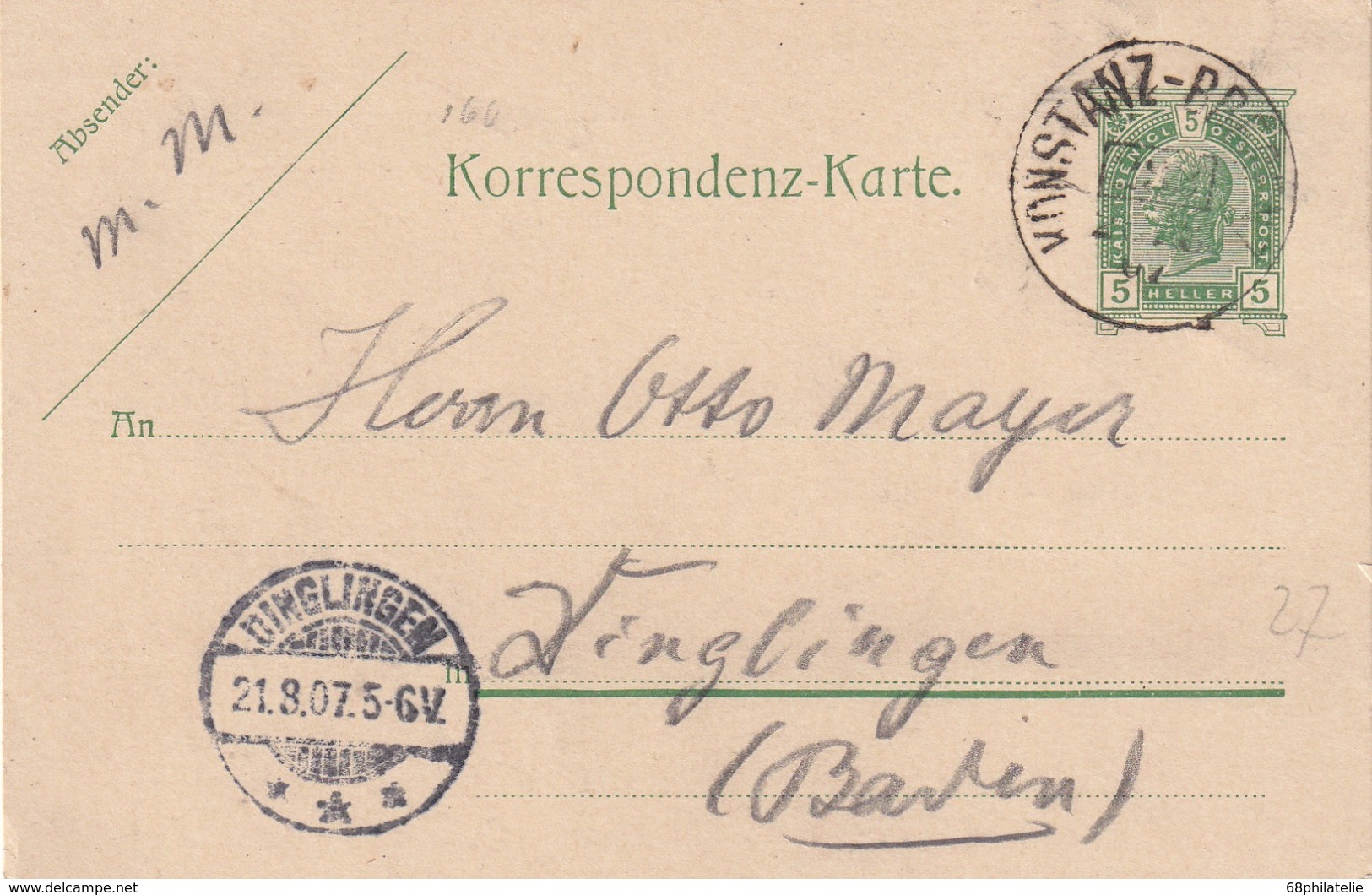 AUTRICHE 1907  ENTIER POSTAL/GANZSACHE/POSTAL STATIONERY CARTE AVEC CACHET FERROVIAIRE/ZUGSTEMPEL   KONSTANZ-BREGENZ - Altri & Non Classificati