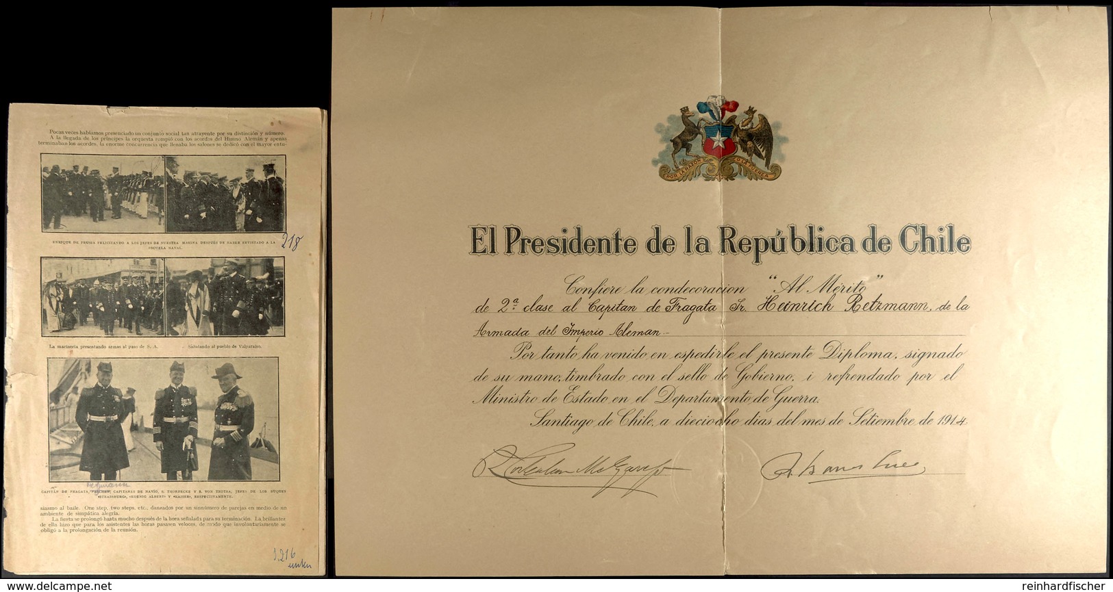 Verleihungsurkunde Des Präsidenten Der Republik Chile Für Die Verdienstauszeichnung "Al Merito" 2. Klasse, Datiert Santi - Dokumente