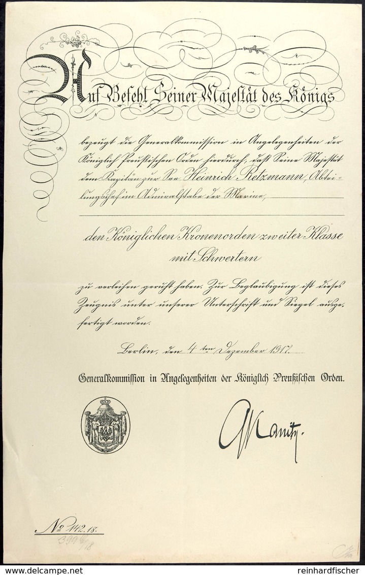 Verleihungsurkunde Königlicher Kronenorden Zweiter Klasse Mit Schwertern, Datiert 4. Dezember 1917, Leichte Faltspuren,  - Dokumente